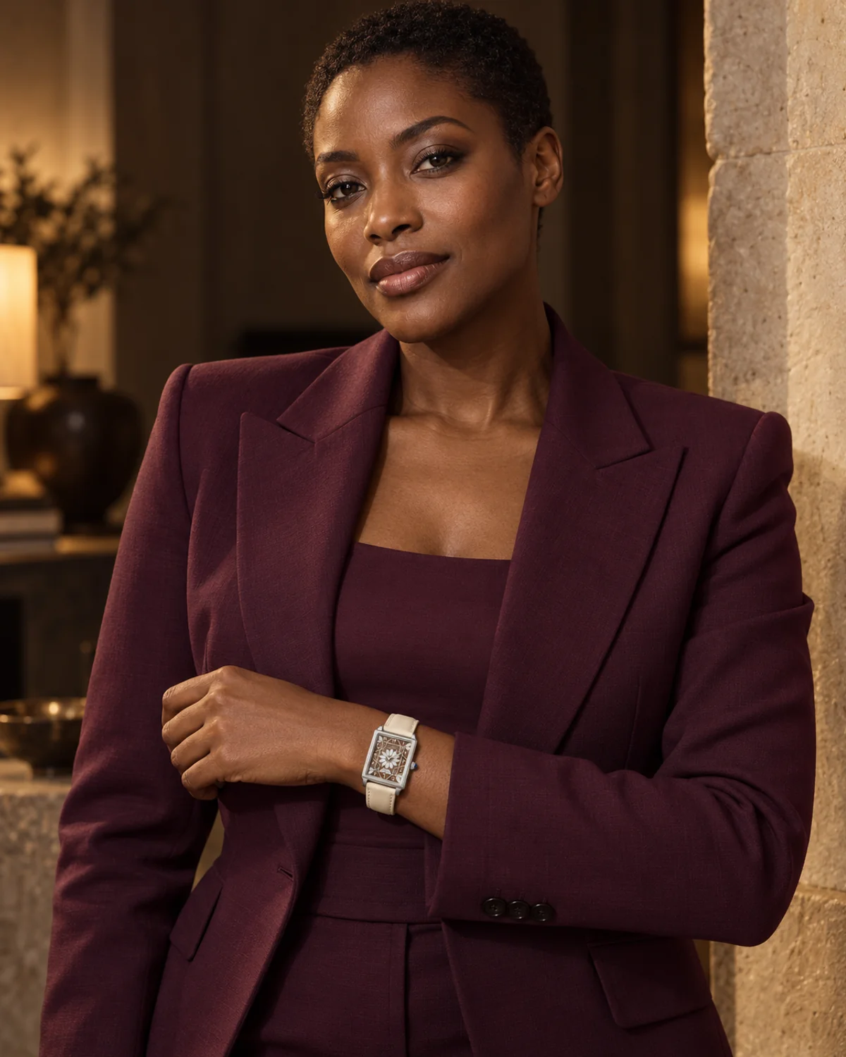 AI-created campaign portrait of a woman in Phoenician-purple tailoring wearing the Palmyra Nocturne watch