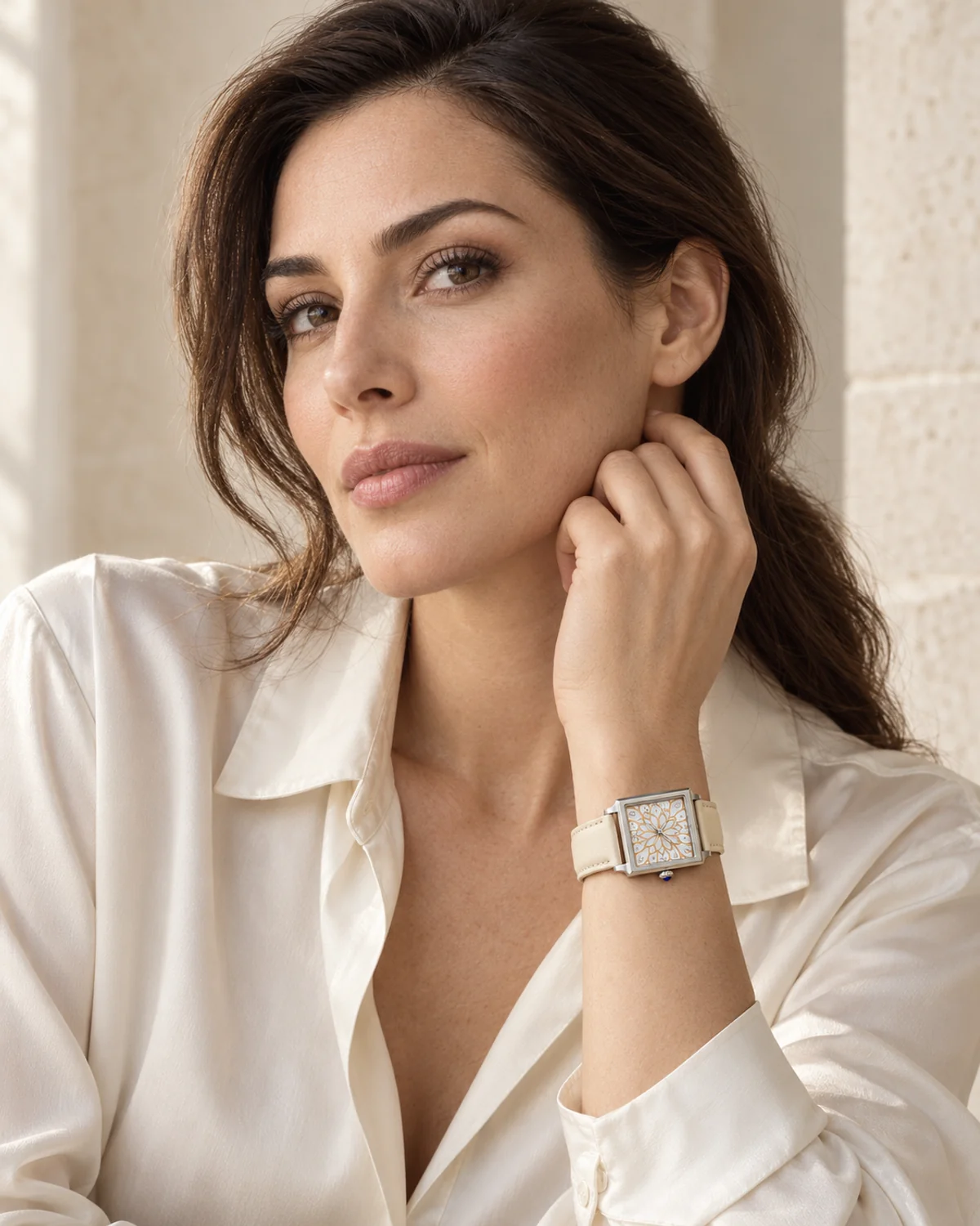AI-created campaign portrait of a woman in ivory silk wearing the Palmyra Pearl watch