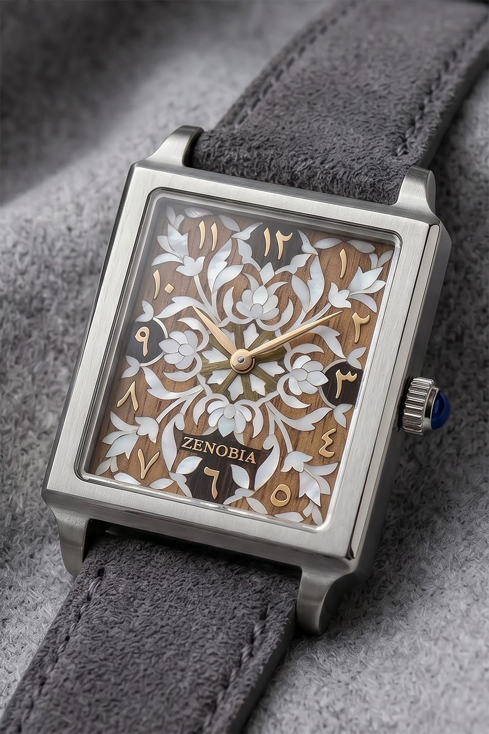 A close study of the floral inlay-inspired design on a Zenobia watch dial