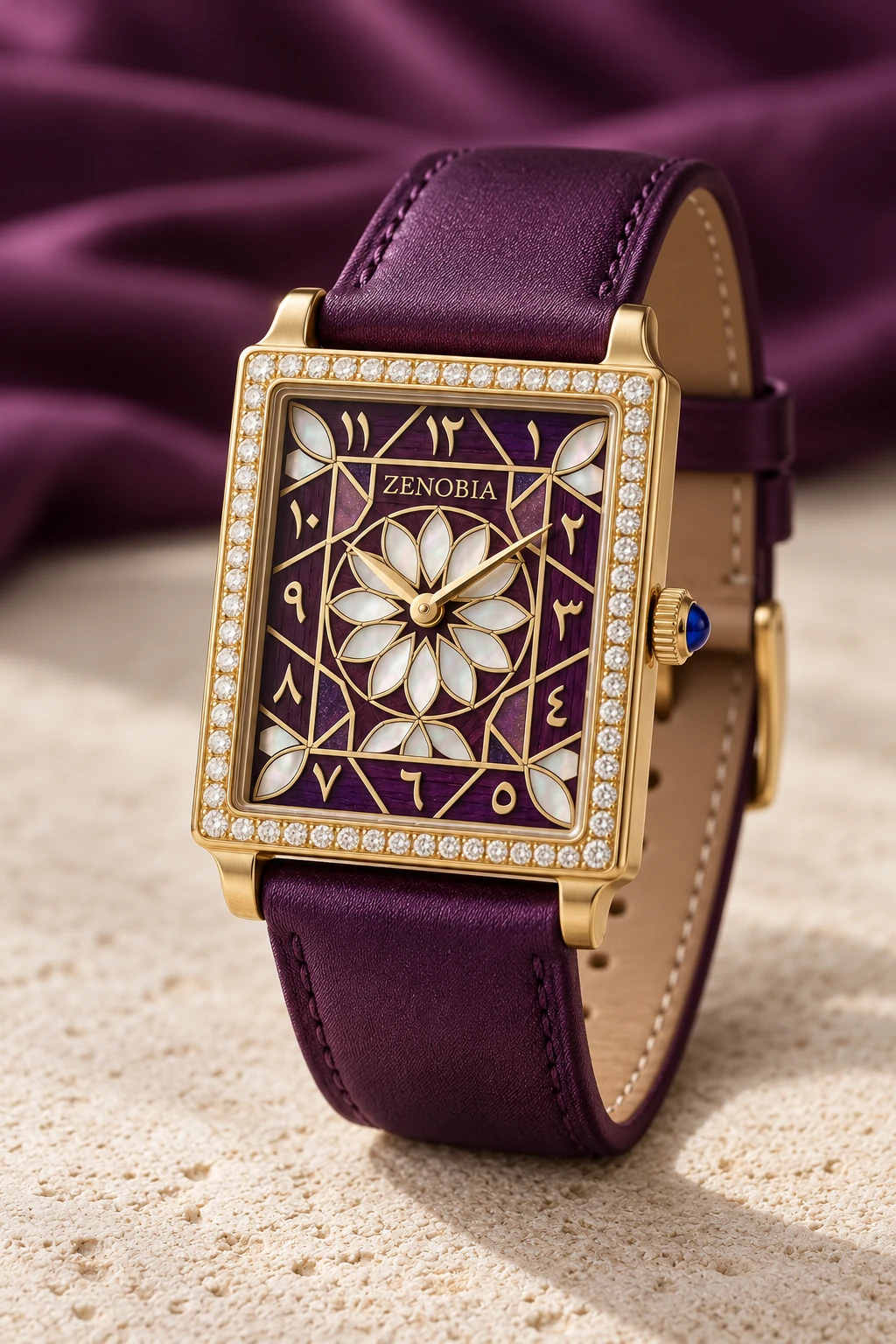 AI-generated Zenobia concept with a purple dial, gold case and diamond bezel