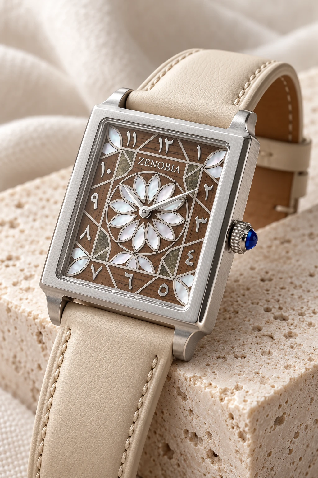 AI-generated crown-side study of the steel Palmyra Nocturne watch on travertine