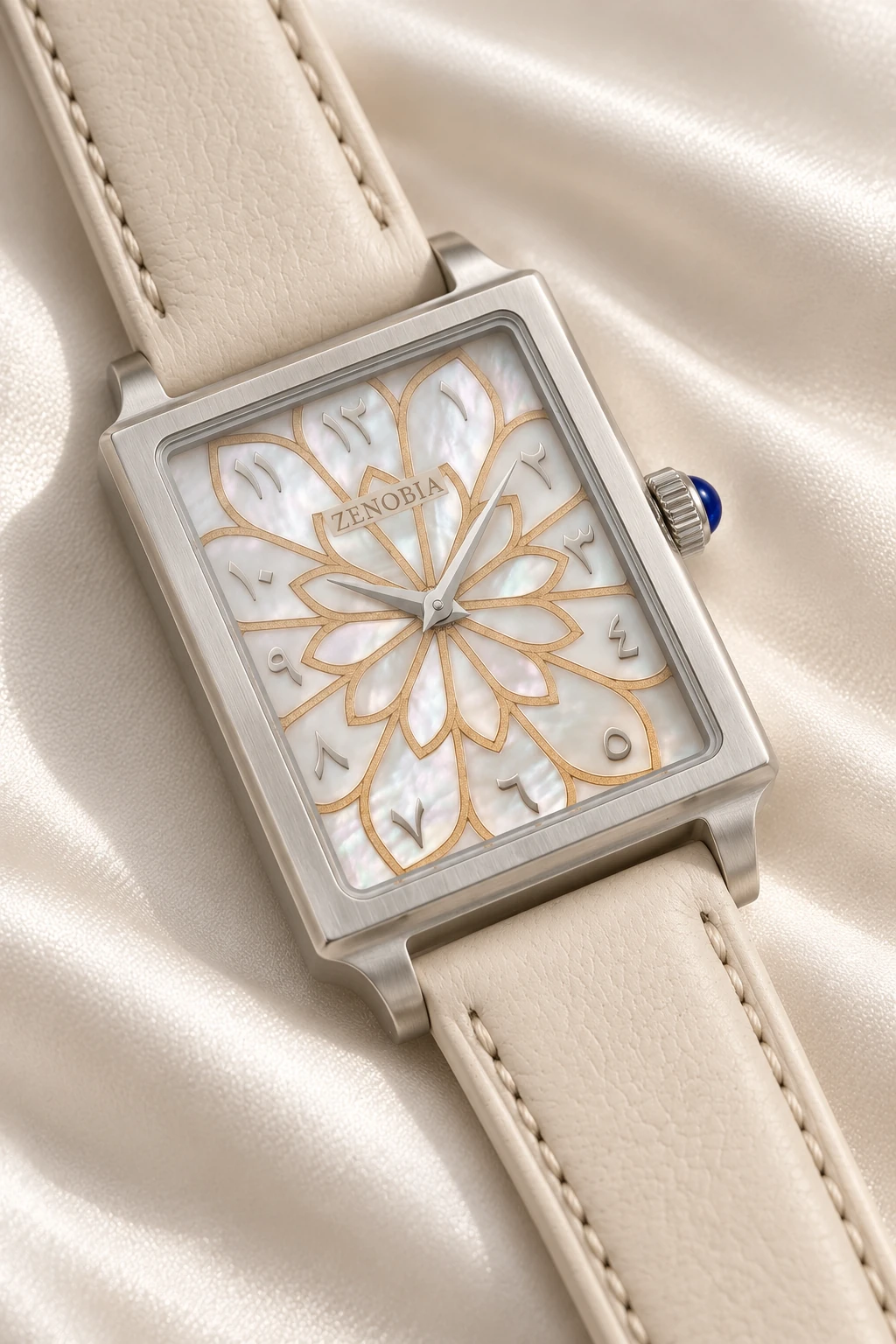 AI-generated oblique view of the pearl floral Zenobia watch on ivory silk