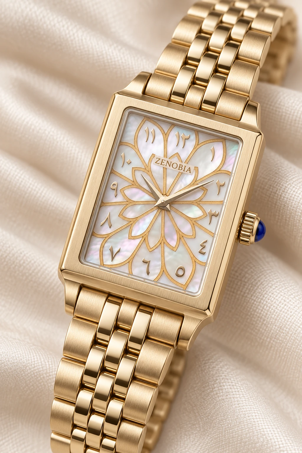 Generated Zenobia pearl floral watch concept in warm gold with an articulated gold bracelet